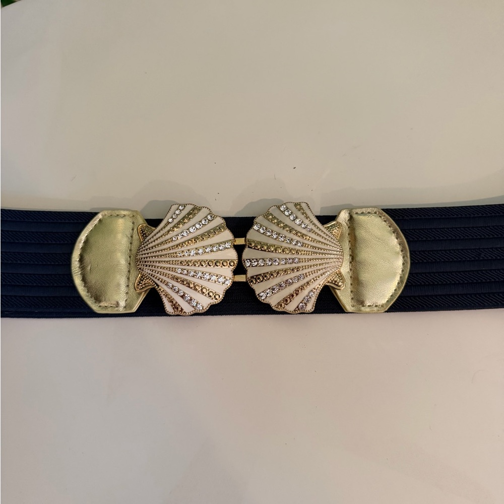 Lilly Pulitzer Gold Jeweled Shell Buckle Navy Elastic Waist Belt Sz Xs/S